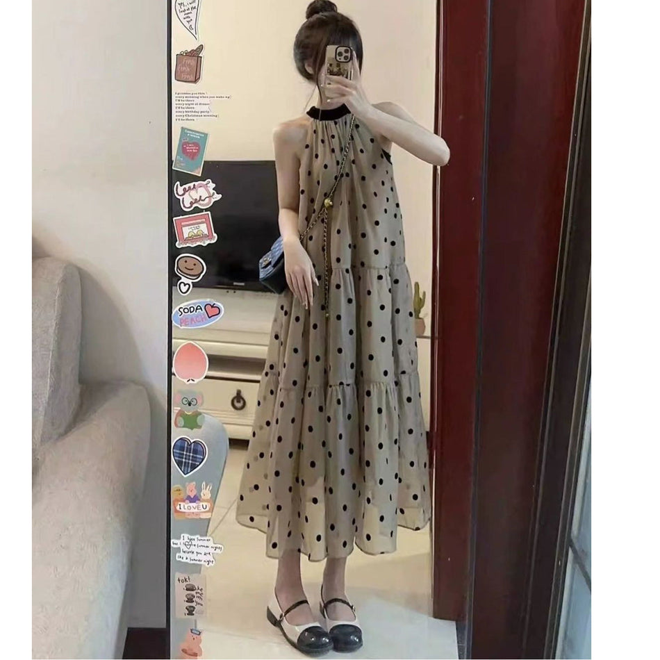 French Polka Dot Halter Neck Summer Long Dress Women