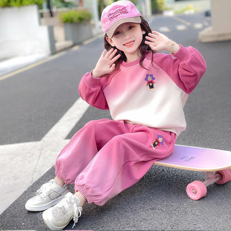 Girls Gradient Cartoon Sweatshirt & Pants Set – Spring Autumn Kids Outfit Nepal | Tudoholic