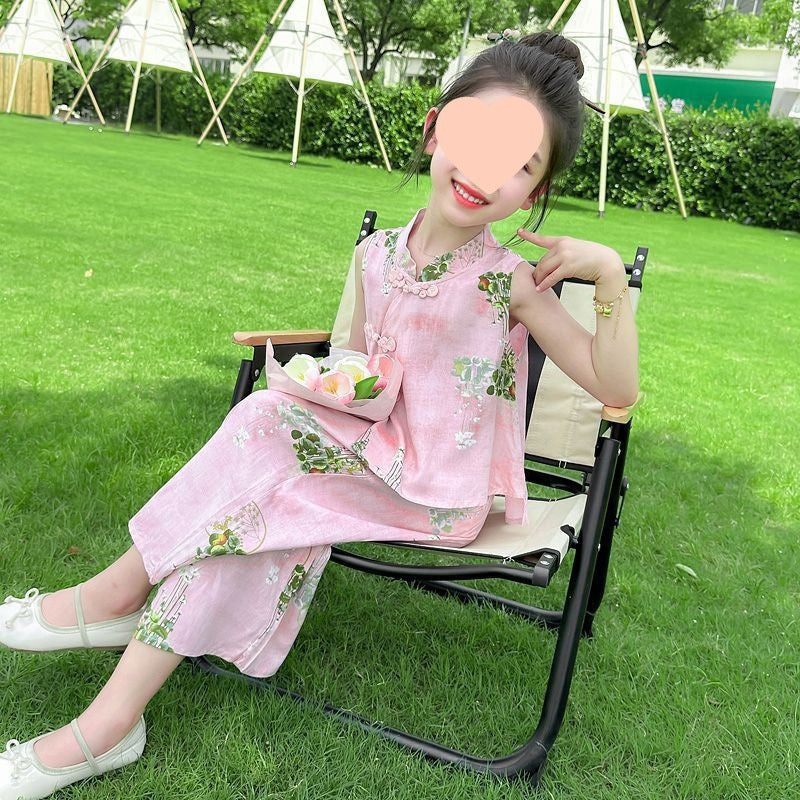 Girls Sleeveless Wide Leg Pants Two-Piece Set – Summer Kids Fashion Nepal | Tudoholic