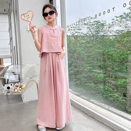 Girls Solid Color Sleeveless Top Wide Leg Pants Set – Summer Kids Clothes Nepal | Tudoholic