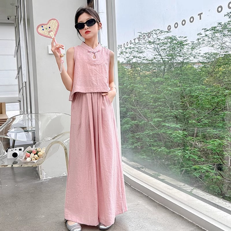 Girls Solid Color Sleeveless Top Wide Leg Pants Set – Summer Kids Clothes Nepal | Tudoholic