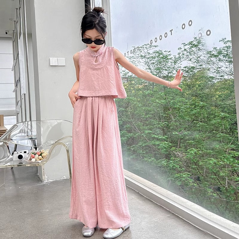 Girls Solid Color Sleeveless Top Wide Leg Pants Set – Summer Kids Clothes Nepal | Tudoholic