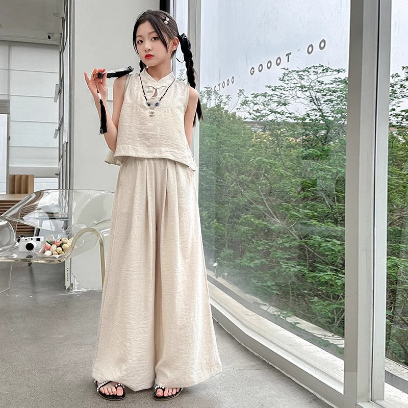 Girls Solid Color Sleeveless Top Wide Leg Pants Set – Summer Kids Clothes Nepal | Tudoholic
