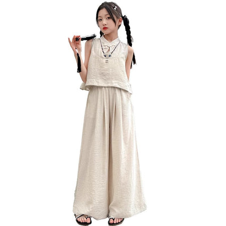 Girls Solid Color Sleeveless Top Wide Leg Pants Set – Summer Kids Clothes Nepal | Tudoholic