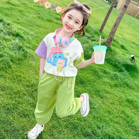 Girls Cartoon Color-Match T-Shirt & Pants Set – Summer Kids Outfit Nepal | Tudoholic