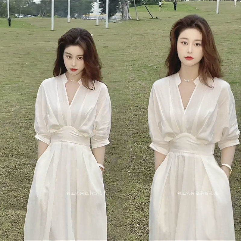 Elegant V-Neck Shirt Dress Slim Waist Midi Women Summer