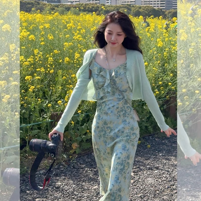 Mint Floral Tea Break Dress French Slim Fit Summer Women