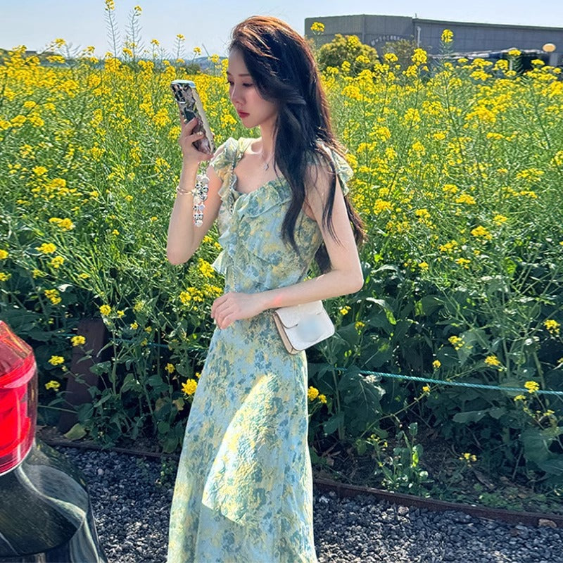 Mint Floral Tea Break Dress French Slim Fit Summer Women