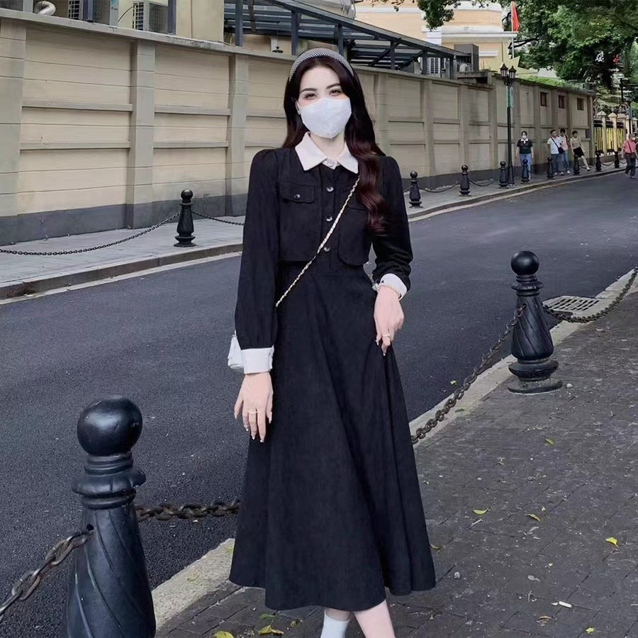 Elegant Contrast Lapel Faux Two-Piece Dress Women