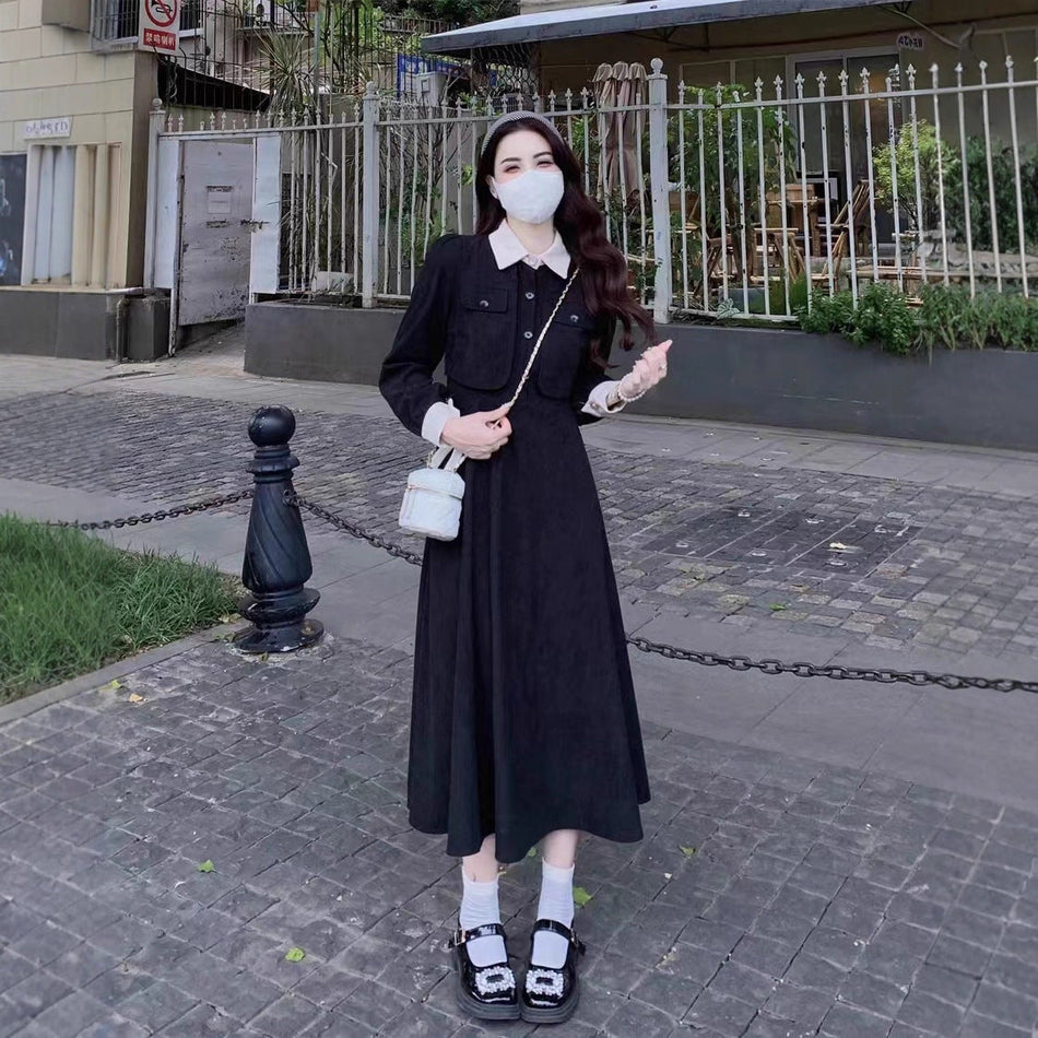 Elegant Contrast Lapel Faux Two-Piece Dress Women