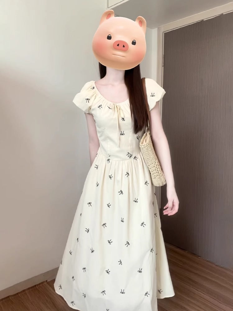 French Floral Puff Sleeve Dress Women Summer Elegant