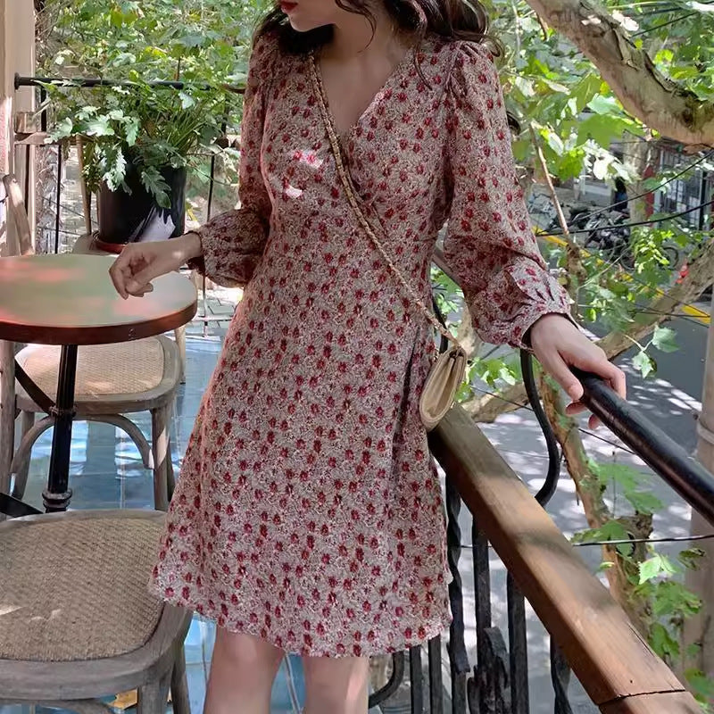 French Floral V-Neck Chiffon Dress Women Spring Elegant