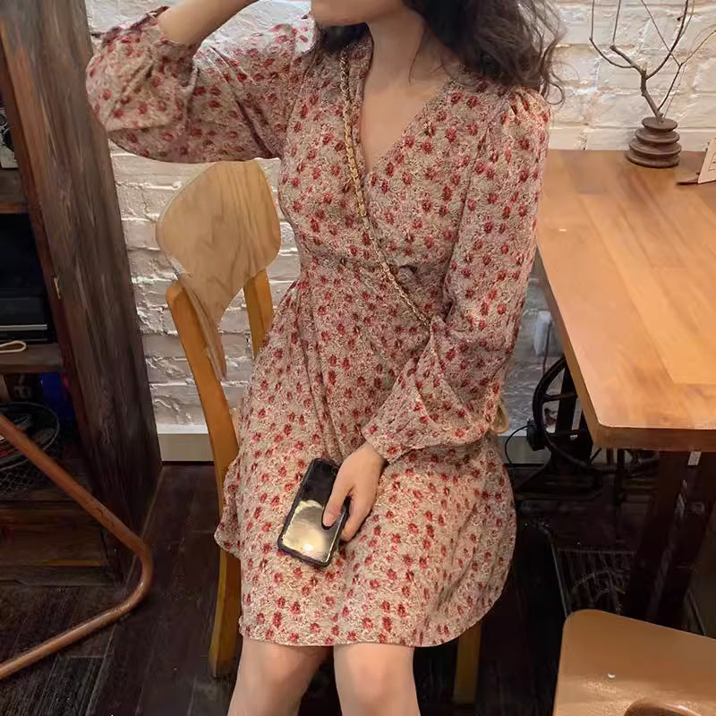 French Floral V-Neck Chiffon Dress Women Spring Elegant