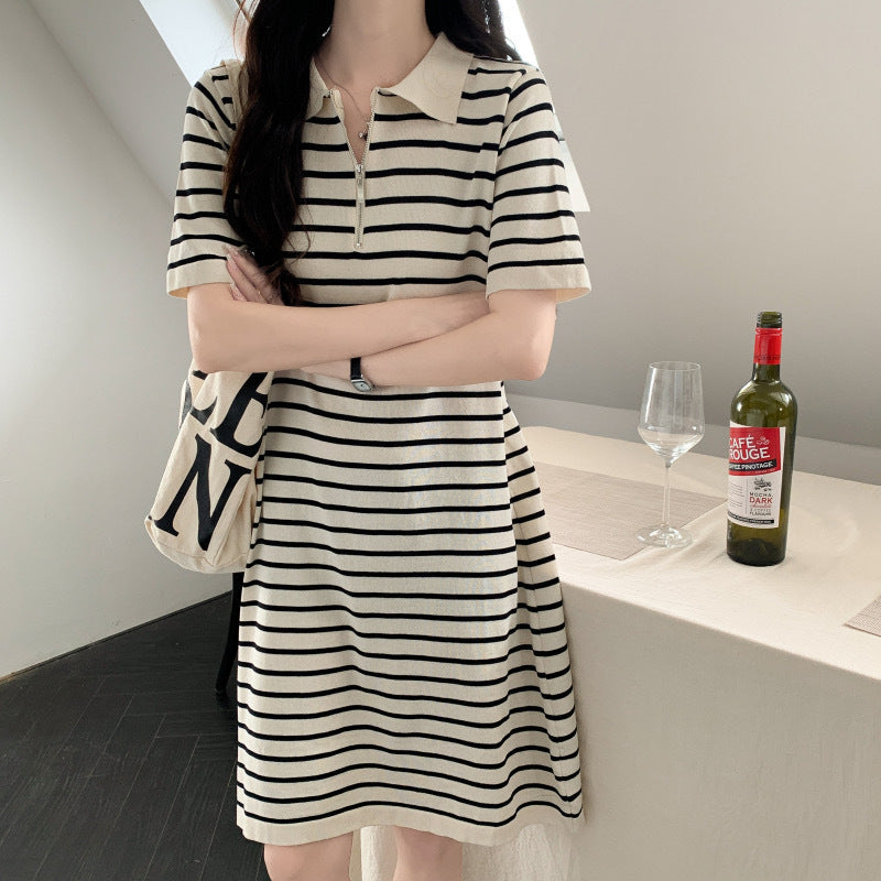 Striped Polo Collar Ice Silk Dress Women Summer Casual