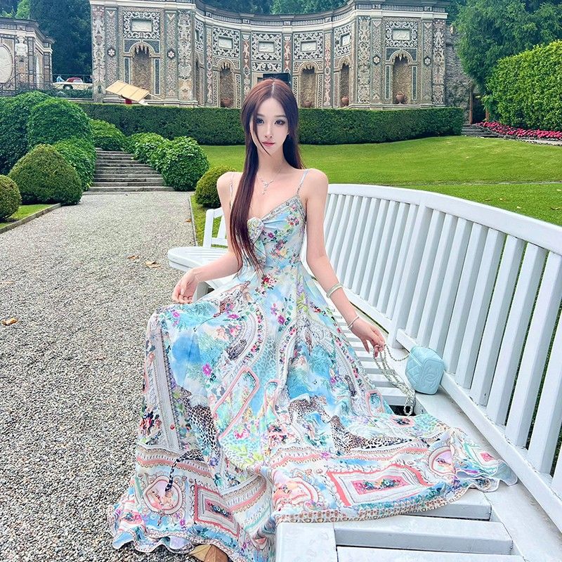 French Floral Backless Slip Dress Women Summer Elegant