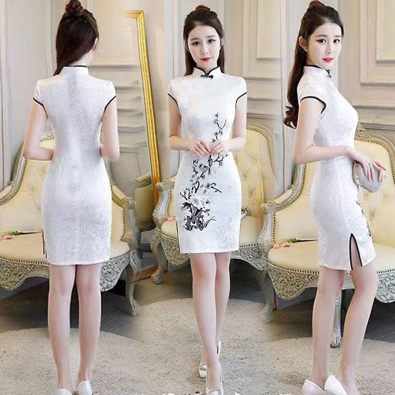 Chinese Style Cheongsam Midi Dress Women Summer Elegant