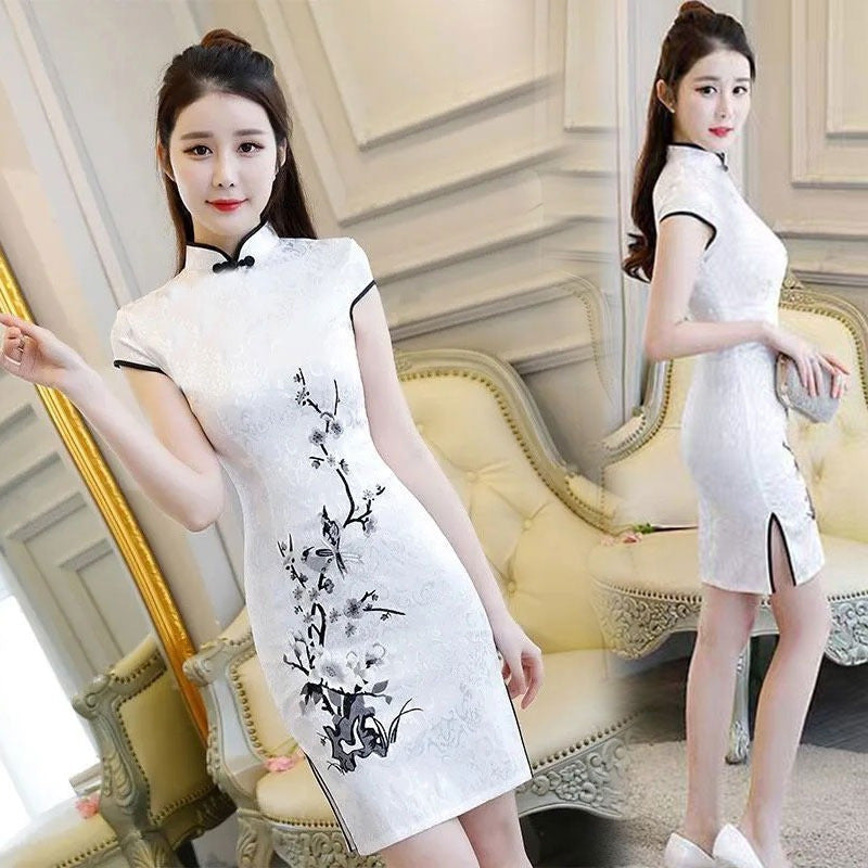 Chinese Style Cheongsam Midi Dress Women Summer Elegant