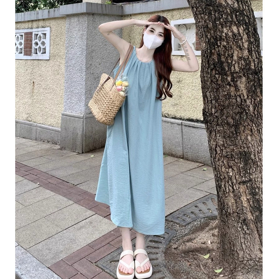 French Sleeveless A-Line Maxi Dress Women Summer Casual