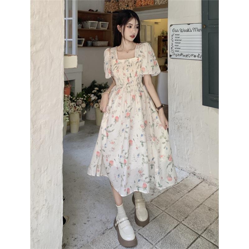 French Square Neck Floral Midi Dress Women Summer