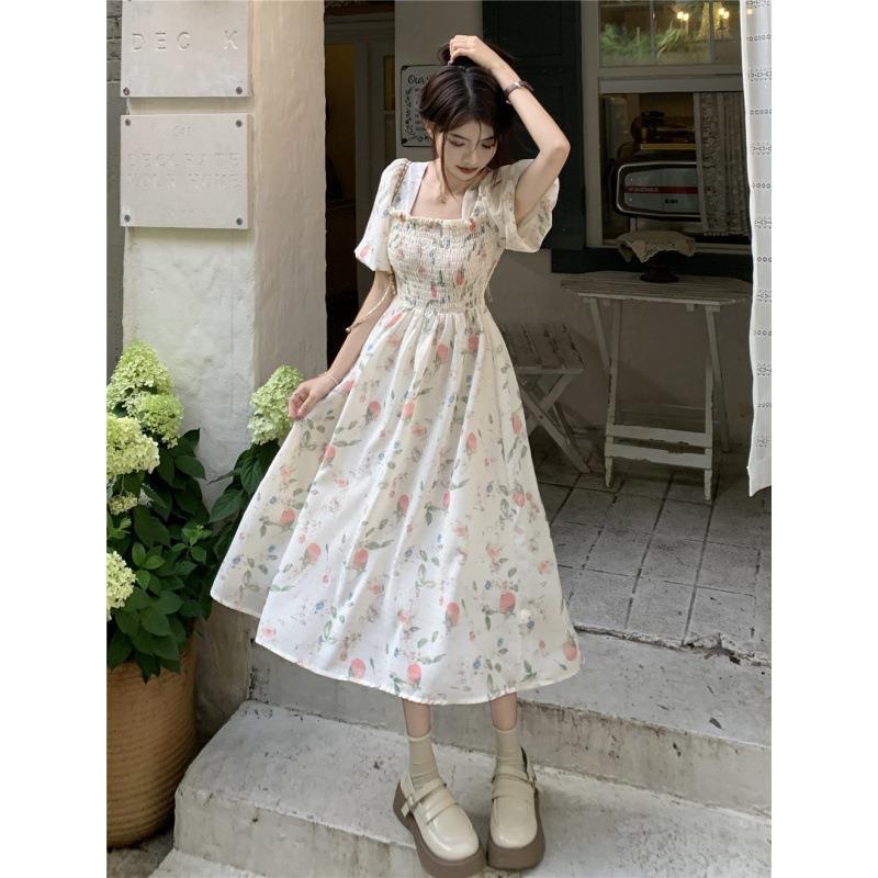 French Square Neck Floral Midi Dress Women Summer