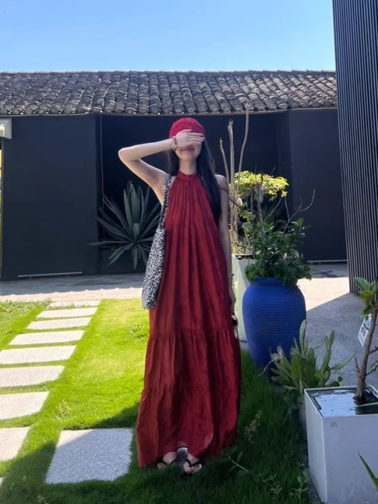 Red Jacquard Halter Maxi Dress Women Summer Elegant
