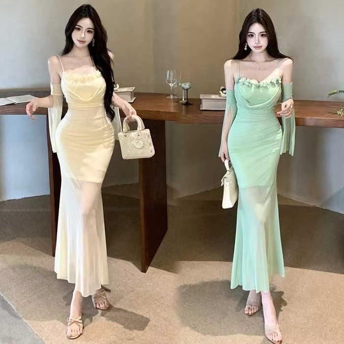 Green Fairy Strap Fishtail Dress Women Elegant Summer
