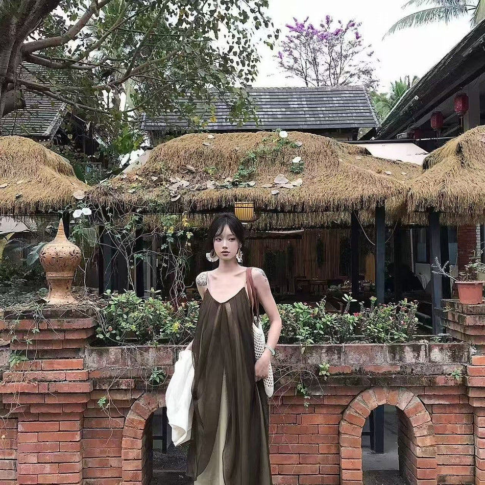 French Retro Slip Tea Dress Women Summer Casual Elegant