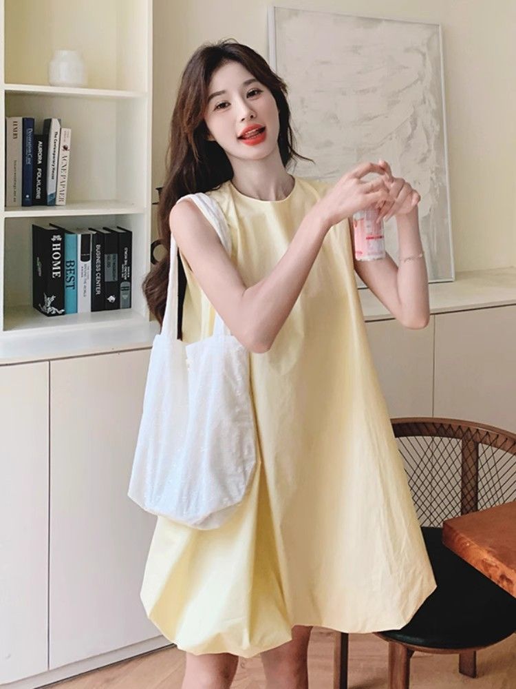 French Yellow Sleeveless Floral Vest Dress Women Summer