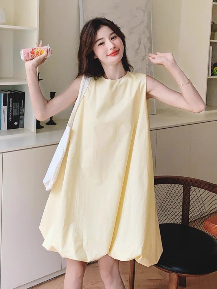 French Yellow Sleeveless Floral Vest Dress Women Summer