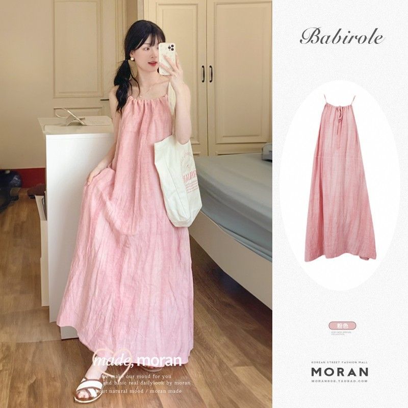 Pink Suspender Halter Beach Dress Women Summer Elegant
