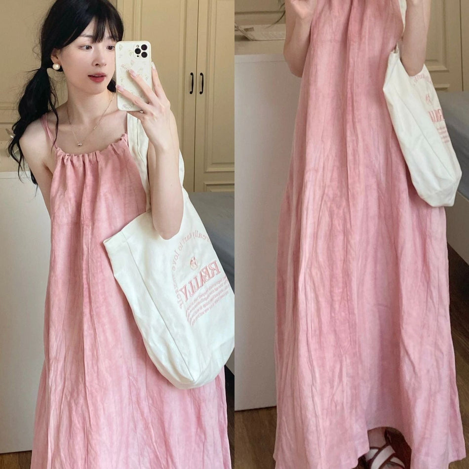 Pink Suspender Halter Beach Dress Women Summer Elegant