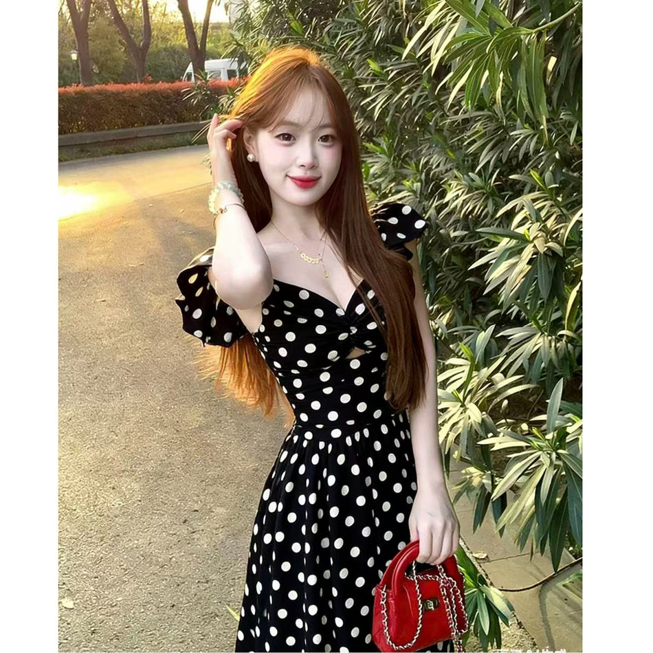 Plus Size Polka Dot Pleated Maxi Dress Women Summer