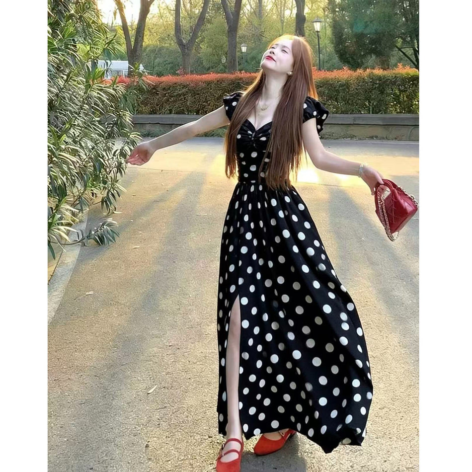 Plus Size Polka Dot Pleated Maxi Dress Women Summer