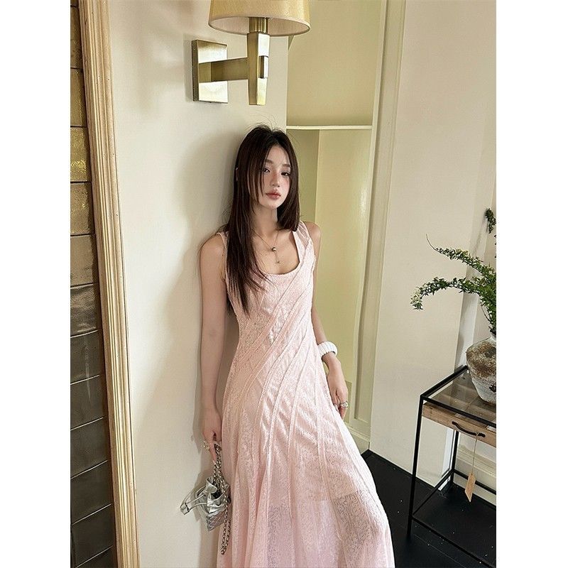Pink U-Neck Sleeveless A-Line Dress Women Summer Lace