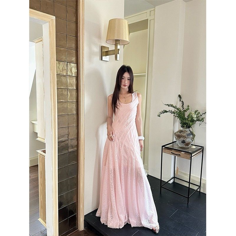 Pink U-Neck Sleeveless A-Line Dress Women Summer Lace