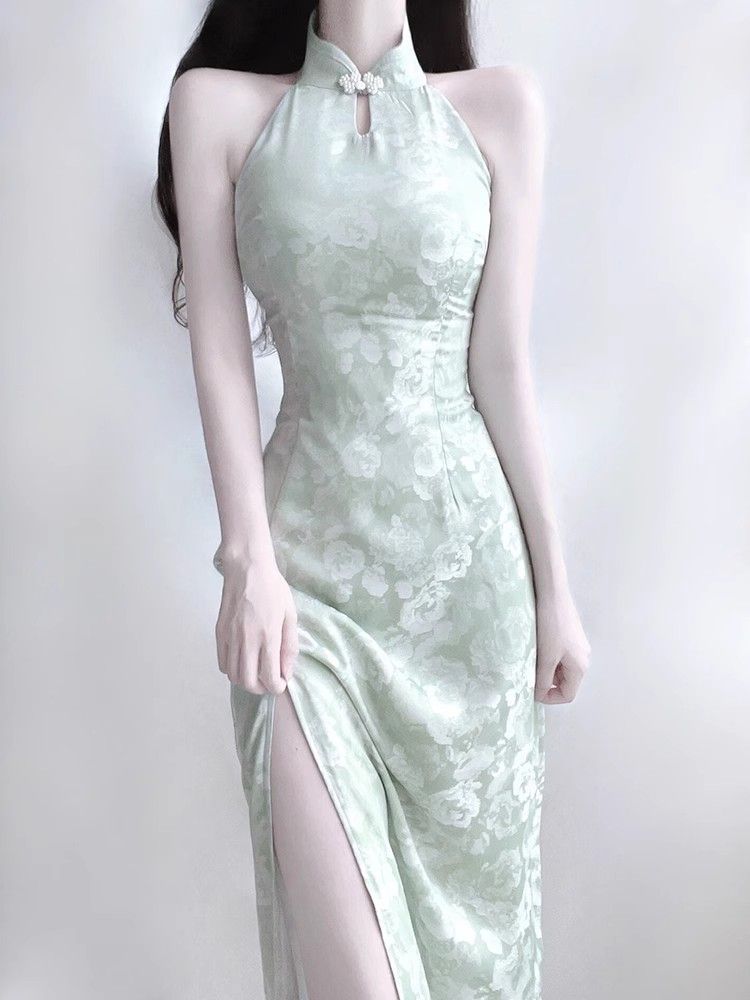 Green Cheongsam Halter Dress Women Summer Elegant