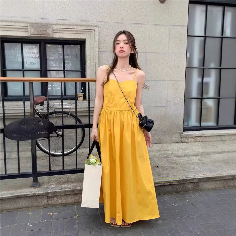 Yellow Suspender A-Line Dress Women Summer Casual