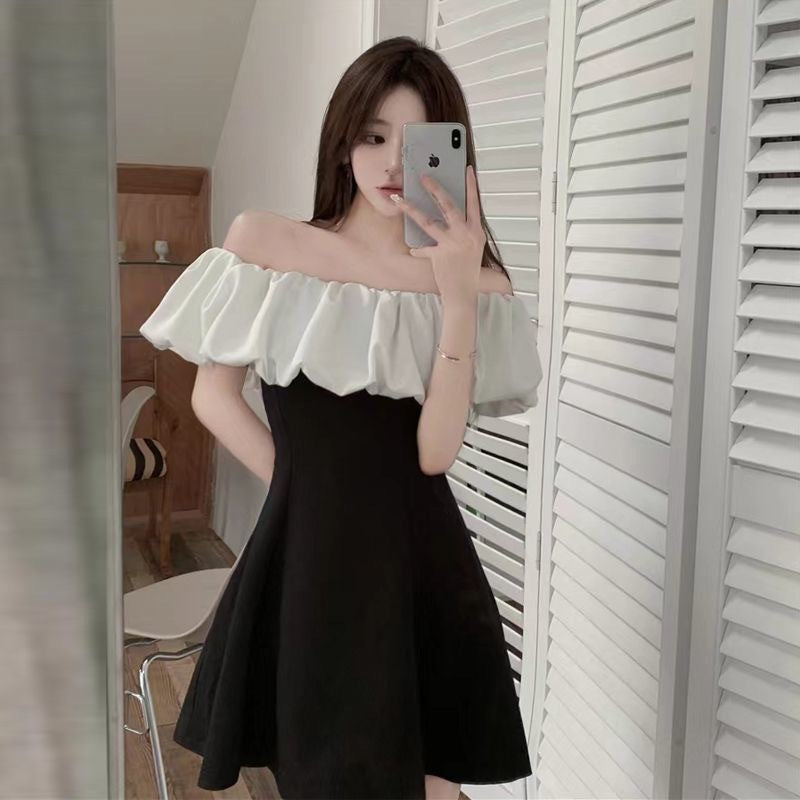 Off-Shoulder Gold Slim Short Dress Women Summer Elegant