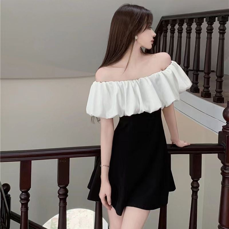 Off-Shoulder Gold Slim Short Dress Women Summer Elegant
