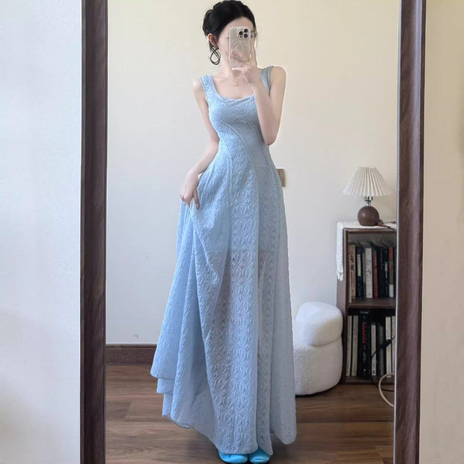 Blue Lace Strap Maxi Dress Women Summer Elegant