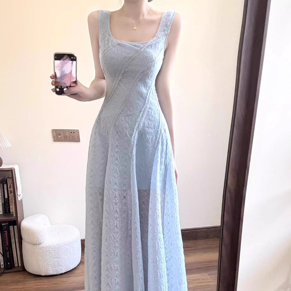 Blue Lace Strap Maxi Dress Women Summer Elegant