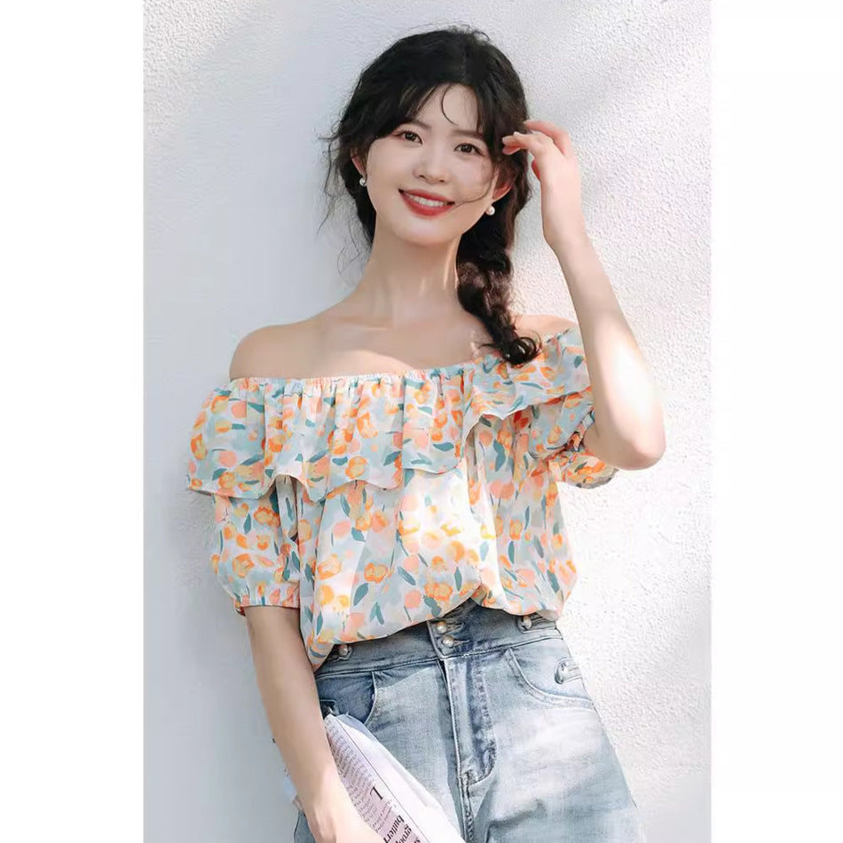 Off Shoulder Floral Chiffon Top Women Summer Fashion