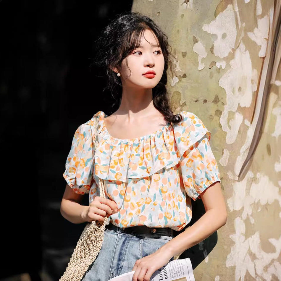 Off Shoulder Floral Chiffon Top Women Summer Fashion