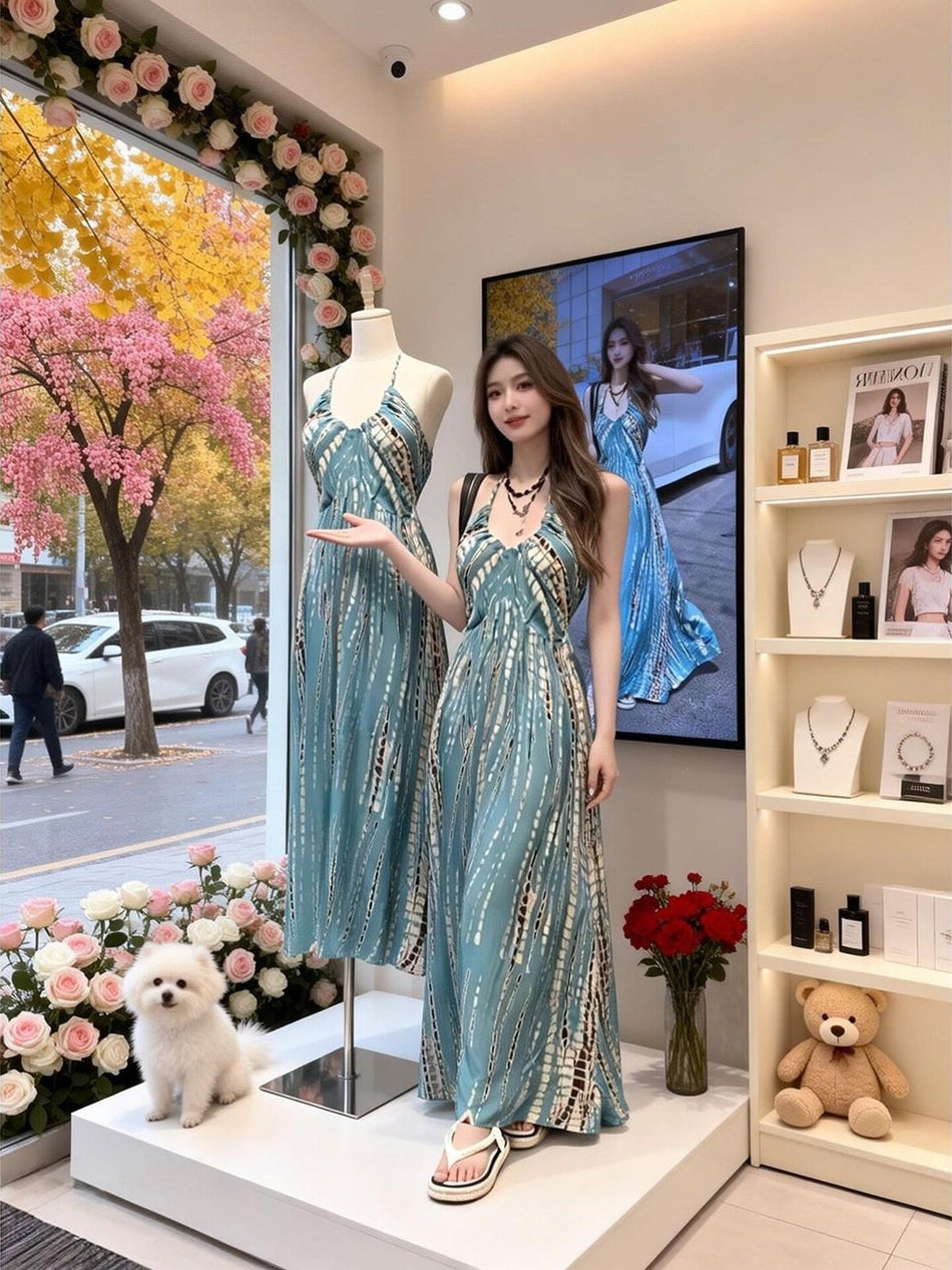 Korean Strap Elegant Midi Dress Women Retro Summer