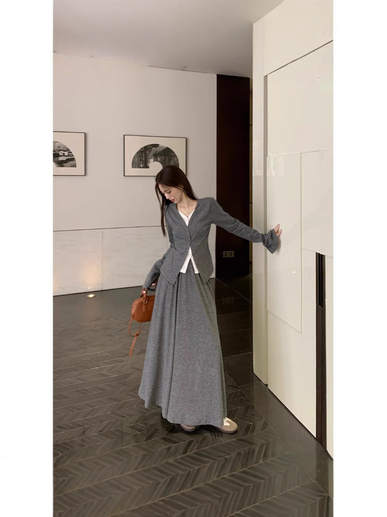 Knit Two Piece Midi Skirt Set Women Spring Elegant