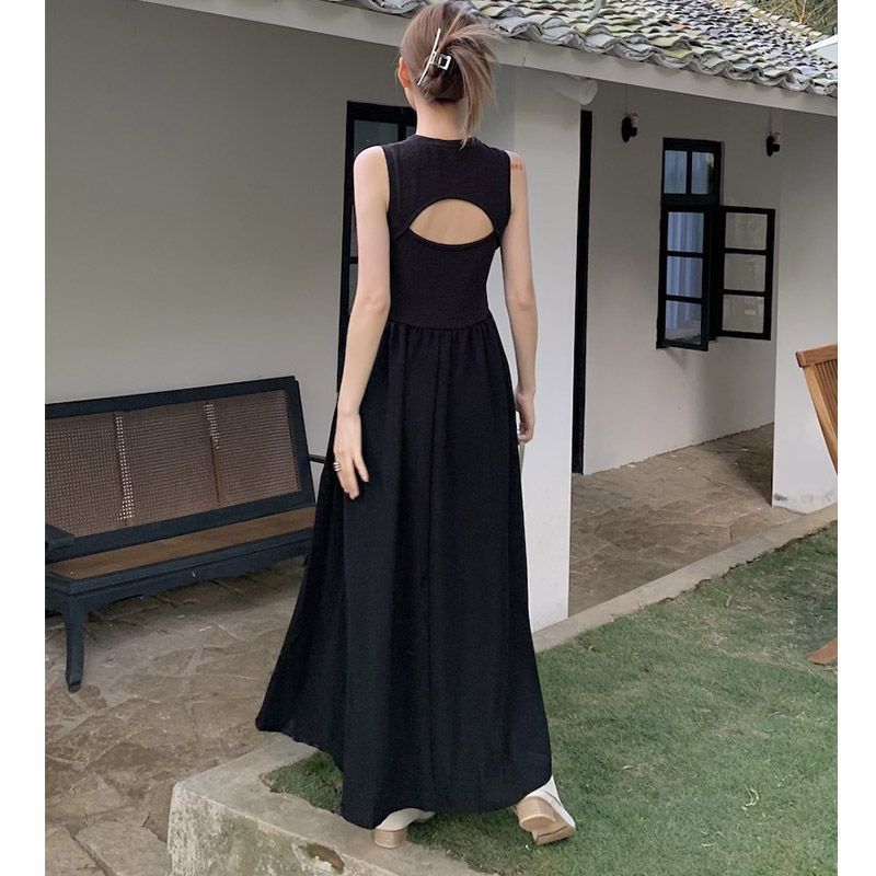Black Sleeveless French Retro Knee Length Dress Women