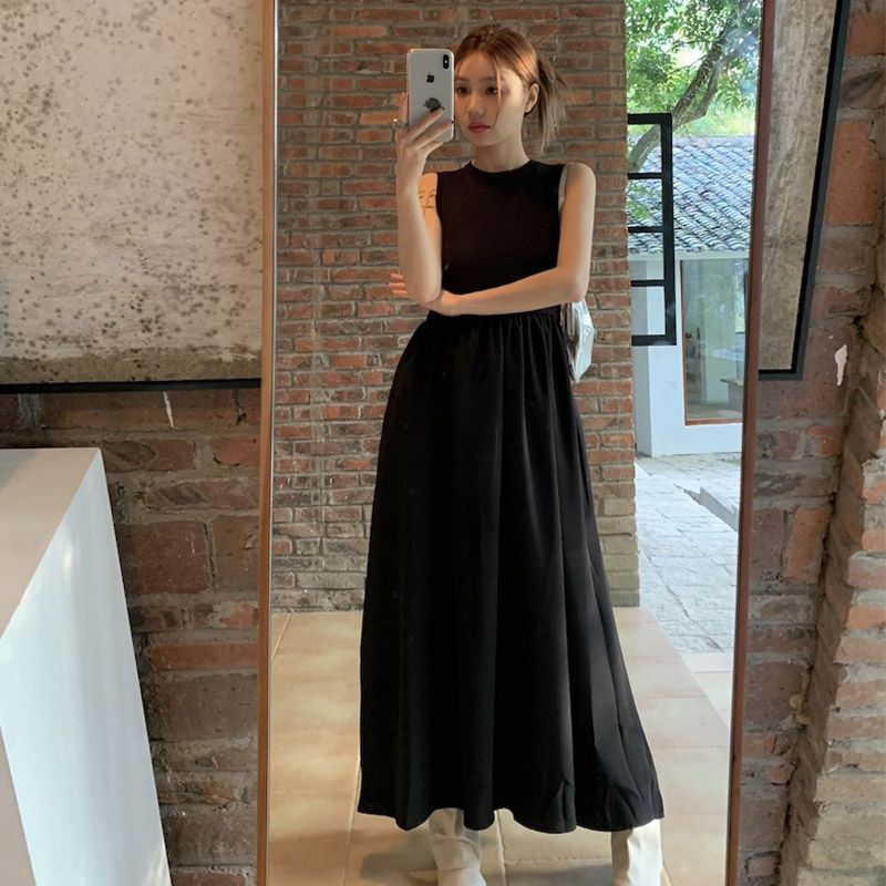 Black Sleeveless French Retro Knee Length Dress Women