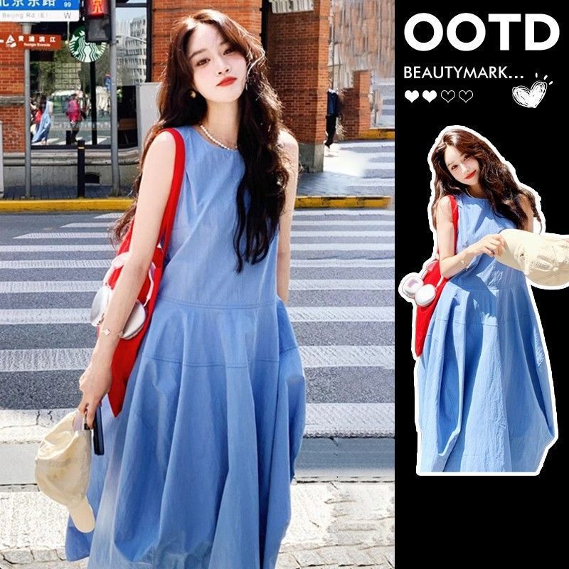 Blue Vest A-Line Maxi Dress Women Summer Elegant