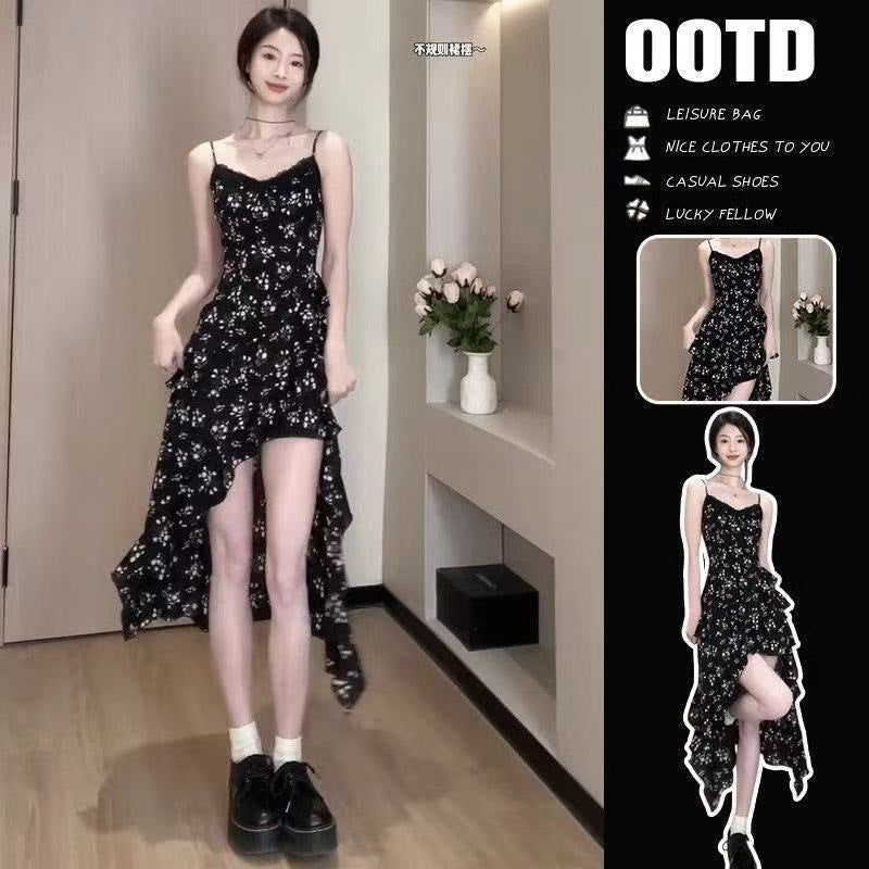 French Floral Ruffle Strap Dress Women Summer Elegant