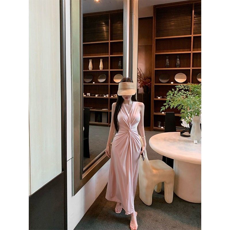 French V-Neck Sleeveless Pleated Dress Women Summer